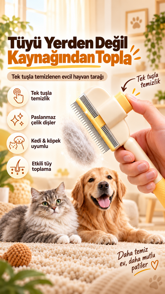 Tuyora™ Tek Tuşla Temizlenen Kedi & Köpek Tüy Tarağı