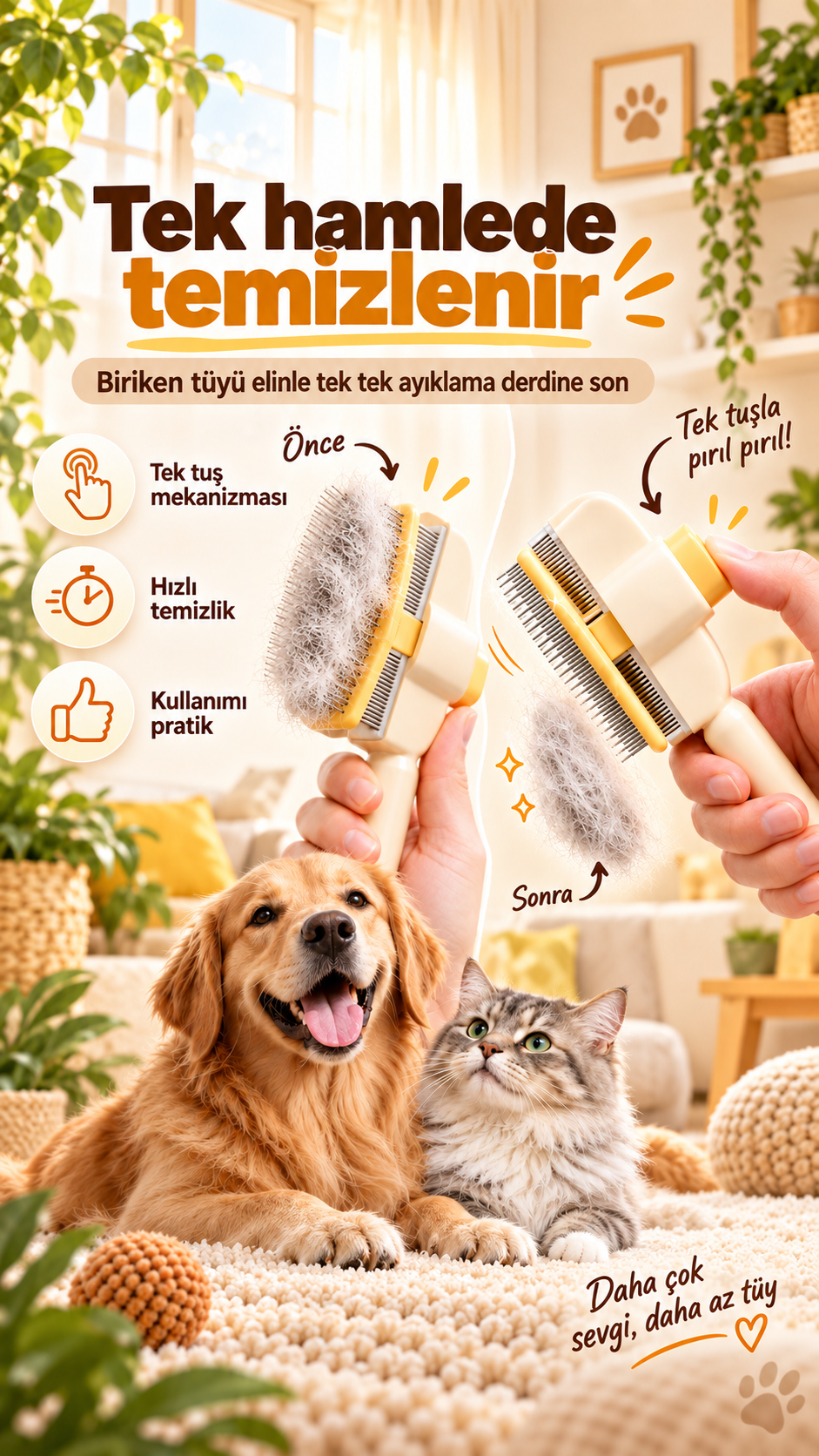 Tuyora™ Tek Tuşla Temizlenen Kedi & Köpek Tüy Tarağı